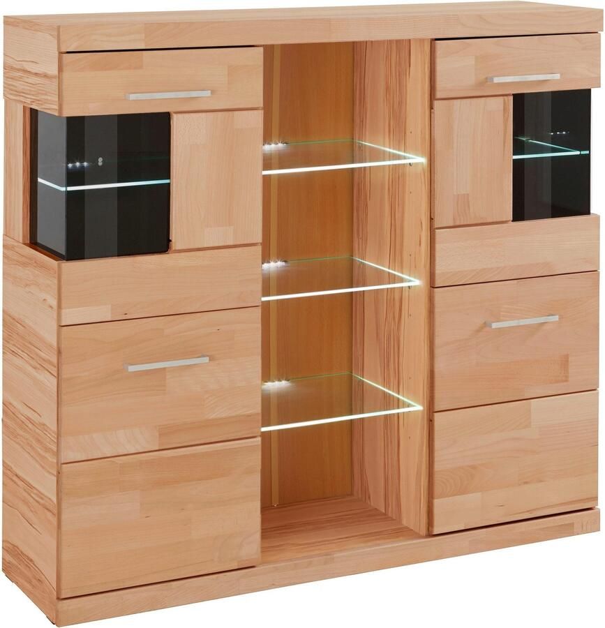 Home affaire Highboard Ribe 120cm breed 112cm hoog 12 vakken Hout massief houtmateriaal metalen handgrepen 2 deuren met glazen inzet