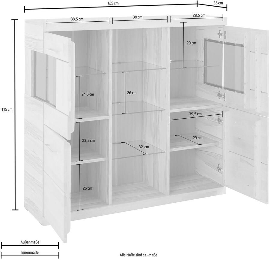 Home affaire Highboard Ribe 120cm breed 112cm hoog 12 vakken Hout massief houtmateriaal metalen handgrepen 2 deuren met glazen inzet