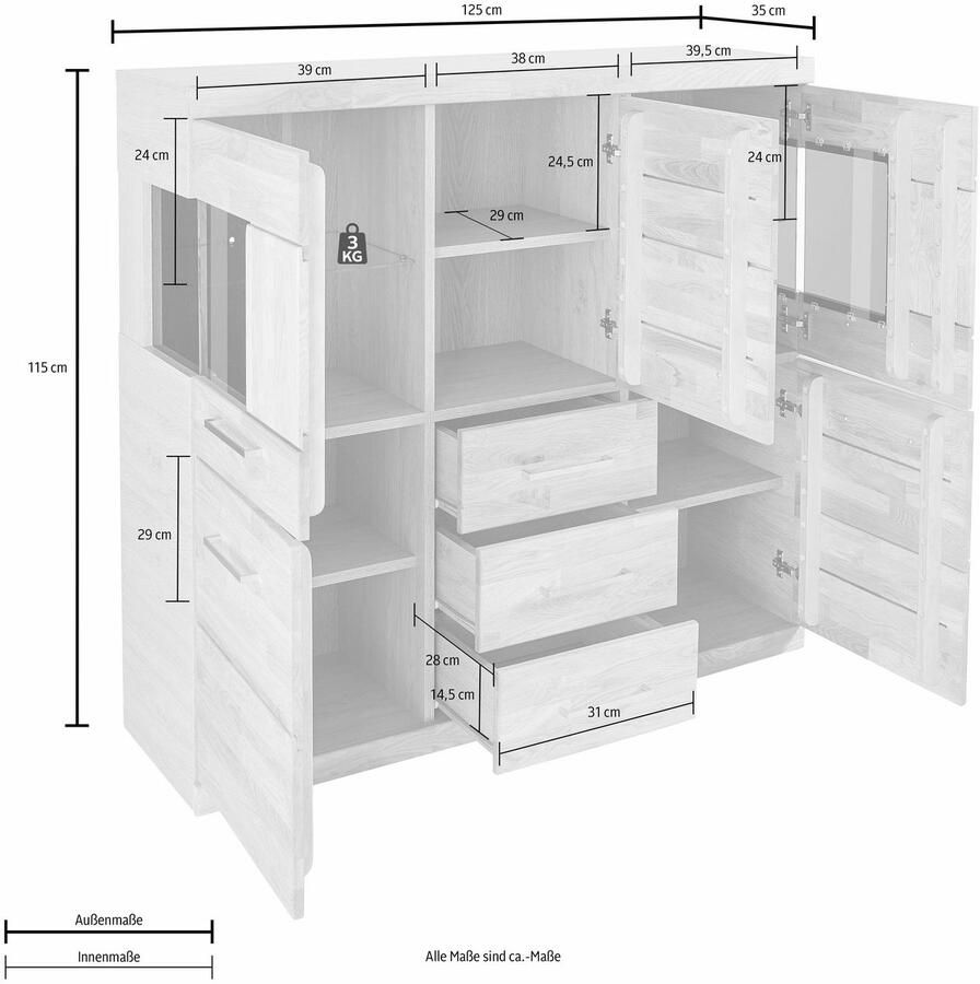 Home affaire Highboard Ribe 125cm breed 115cm hoog fronten massief hout 5 deuren 3 lades Hout massief houtmateriaal metalen handgrepen 10 vakken planken verstelbaar