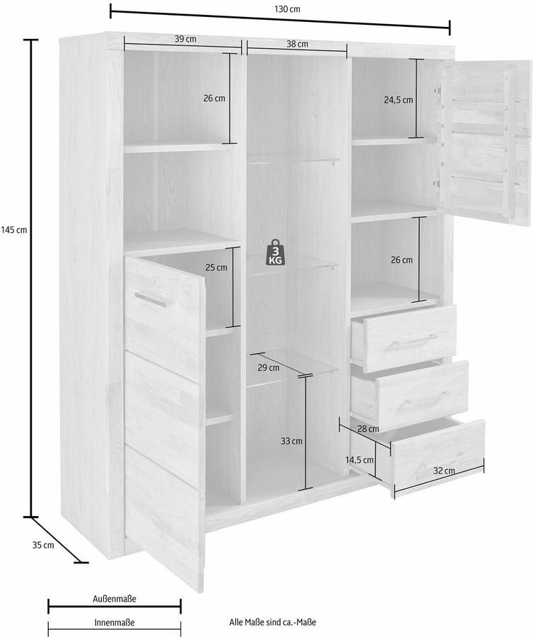 Home affaire Highboard Ribe 130cm breed 145cm hoog fronten massief hout 12 vakken - Foto 3