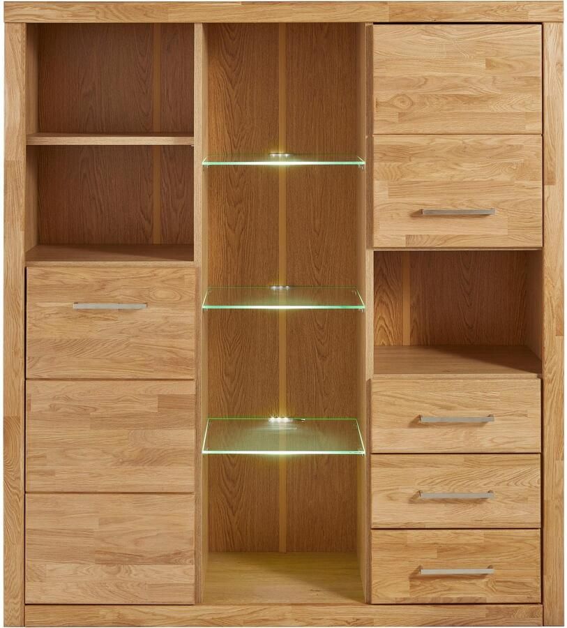 Home affaire Highboard Ribe 130cm breed 145cm hoog fronten massief hout 12 vakken