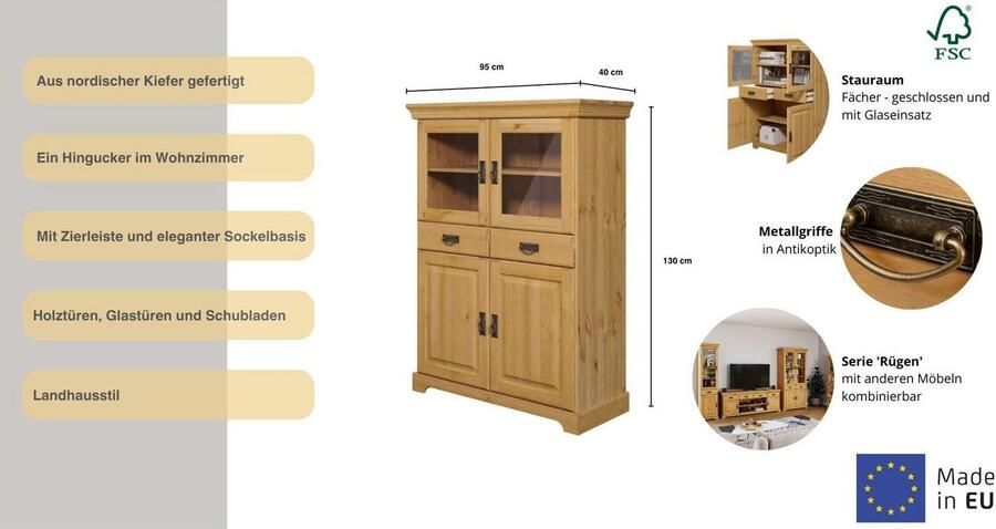 Home affaire Highboard Rügen Vitrine in landelijke stijl gecertificeerd massief hout hoogte 131 cm - Foto 6