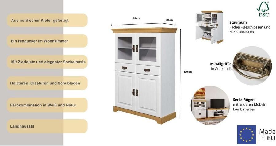 Home affaire Highboard Rügen Vitrine in landelijke stijl gecertificeerd massief hout hoogte 131 cm - Foto 7