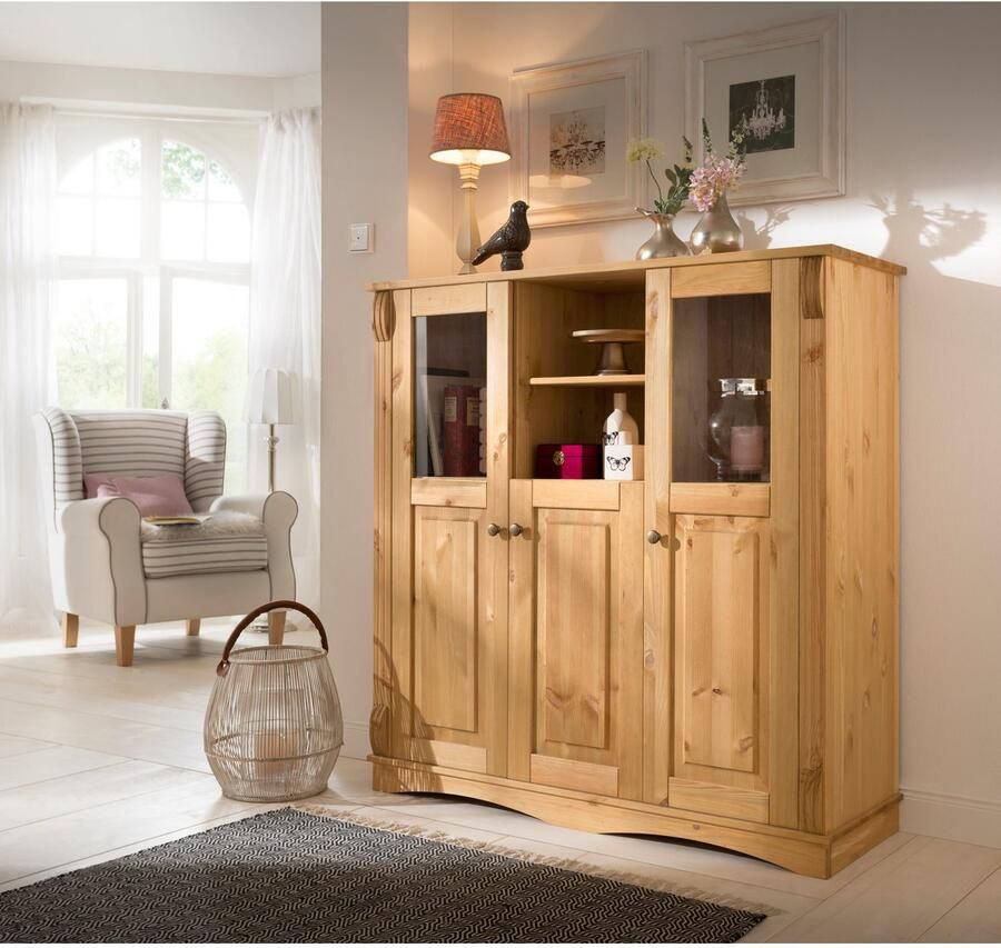 Home affaire Highboard Teresa Vitrine deuren met glazen inzetstukken van massief grenen FSC