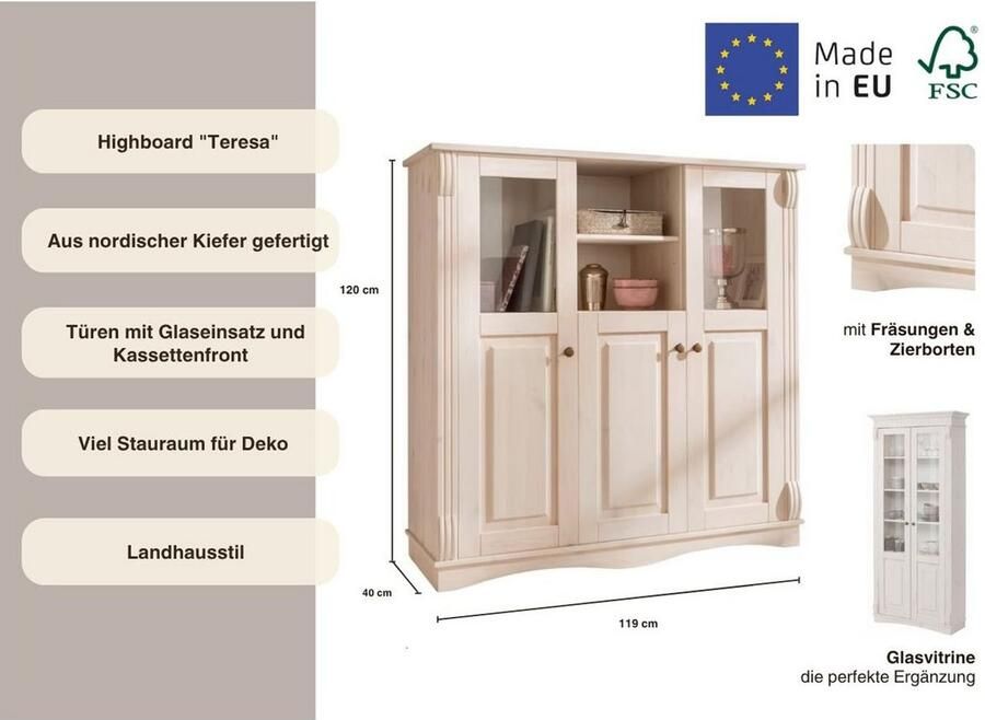 Home affaire Highboard Teresa Breedte 119 cm deuren met glazen inzetstukken van massief grenen FSC - Foto 3