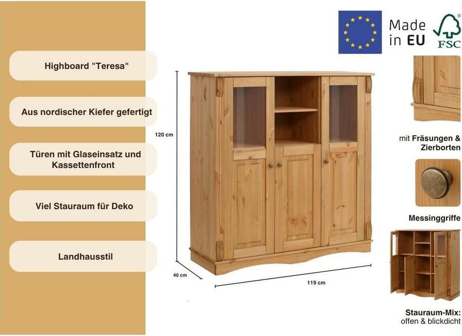 Home affaire Highboard Teresa Breedte 119 cm deuren met glazen inzetstukken van massief grenen FSC - Foto 6