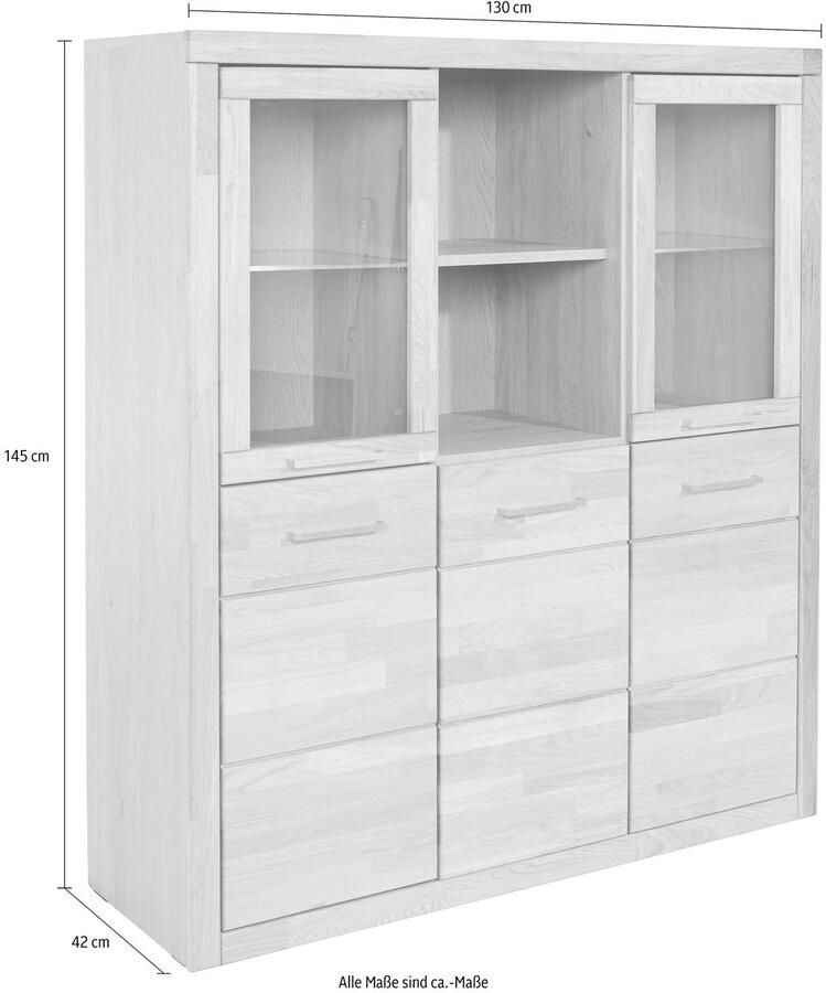 Home affaire Highboard Trondheim 130cm breed 42 cm diep fronten massief hout metalen handgrepen