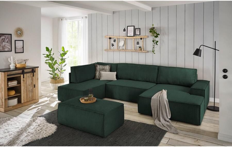 Home affaire Zithoek SHERWOOD 329 cm U-vorm slaapbank Slaapfunctie met bedkist (194x139 cm) cord vintage fluweel - Foto 6