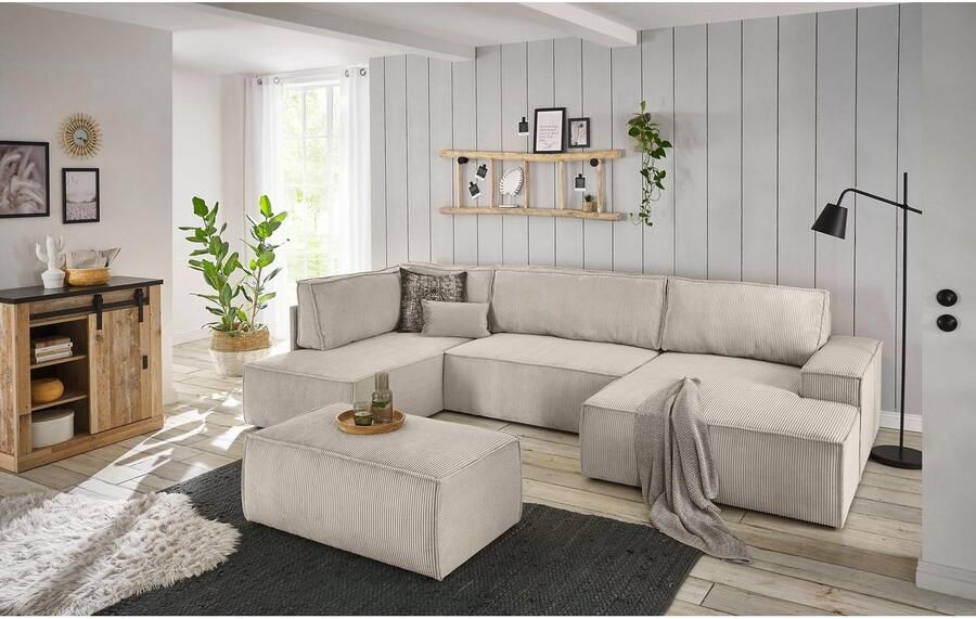 Home affaire Zithoek SHERWOOD 329 cm U-vorm slaapbank Slaapfunctie met bedkist (194x139 cm) cord vintage fluweel - Foto 8