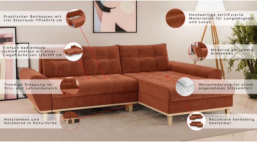 Home affaire Hoekbank Ahrdorf met bedfunctie en opbergruimte afmetingen: B H D 268 86 175 cm - Foto 8