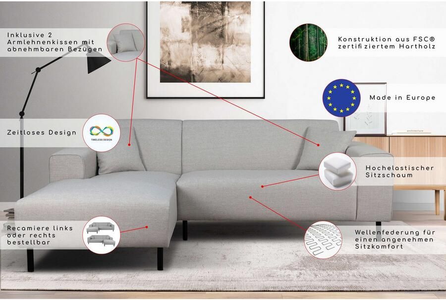Home affaire Hoekbank ARROS L-vorm met golfondersteuning afmetingen B D H: 235 163 81 cm incl. sierkussens met recamiere rechts links bestelbaar ook in cord - Foto 2
