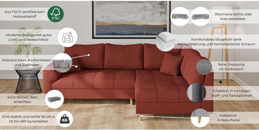 Home affaire Hoekbank CHARRE L-vorm met ottomane afmetingen B D H: 231 161 81 cm fijne stiksels losse rug- en sierkussens ook in cord en bouclé - Foto 3