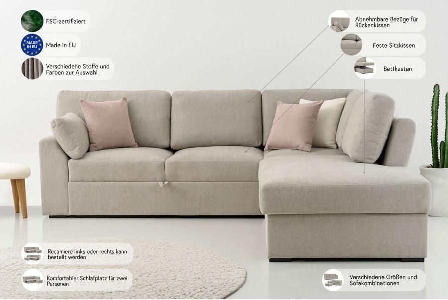 Home affaire Hoekbank Citry Breedte 242 cm chenille bedfunctie bedlade L-vorm (304-delig) - Foto 3