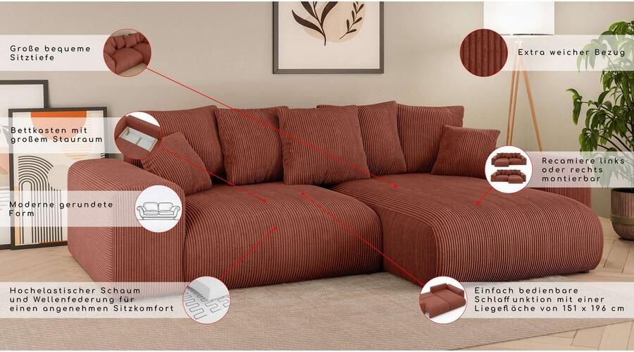 Home affaire Hoekbank LAKESIDE met bedfunctie en bedlade B D H 257 166 84 cm L-vorm recamiere aan beide zijden monteerbaar golfondersteuning - Foto 8