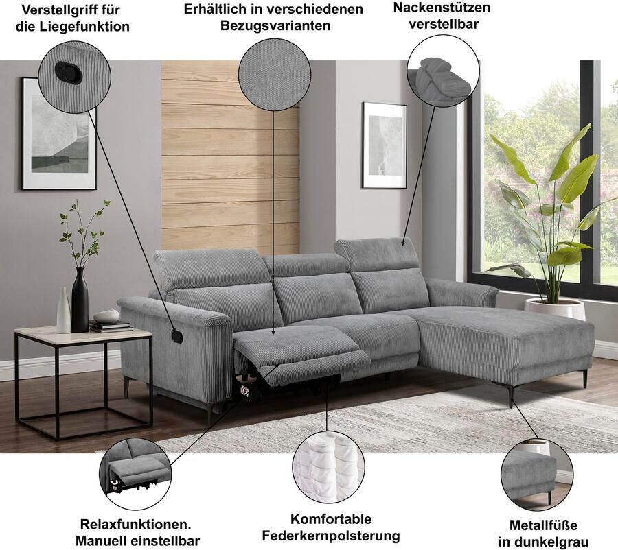 Home affaire Hoekbank Lund L-vorm 261 cm handmatige of elektrische relaxfunctie (met USB-A) - Foto 2