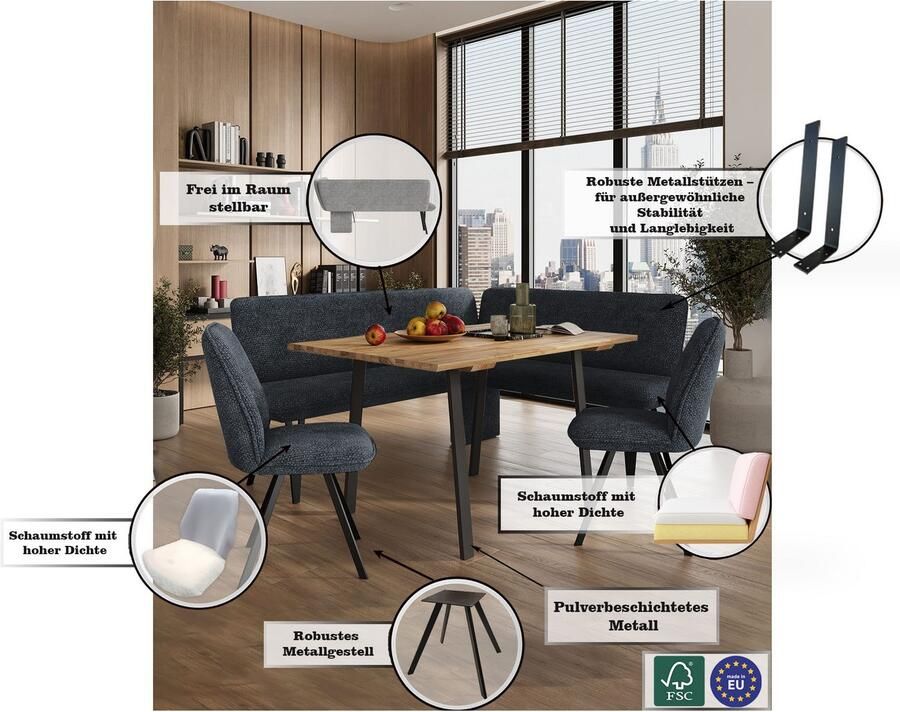 Home affaire Hoekbank Mily Keukenbank Kussenbank Eettafelbank 205x164 cm Moderne bank en kleuren aantal zitplaatsen: 5 vrij in de ruimte te plaatsen