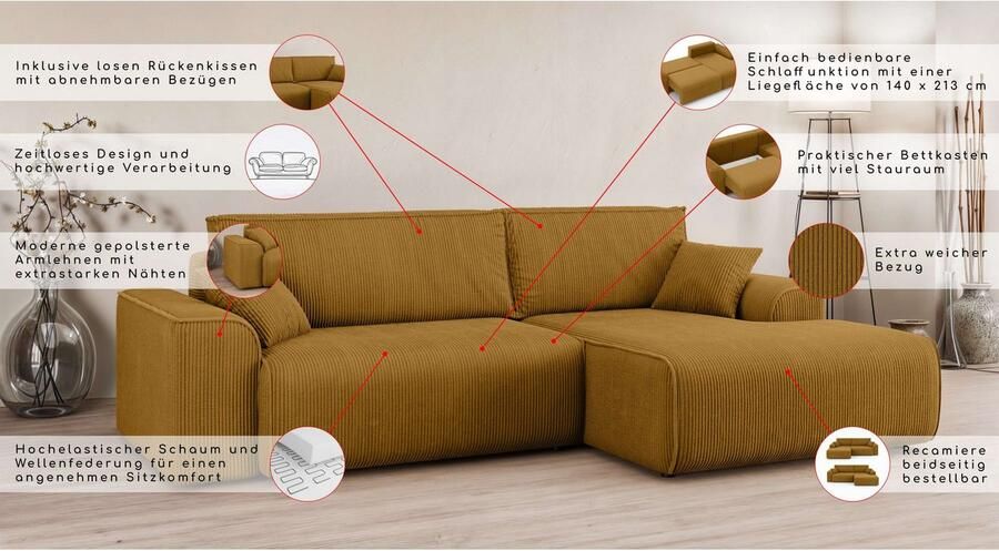 Home affaire Hoekbank Santenay met bedfunctie en bedlade afmetingen: B D H 266 164 90 cm - Foto 4