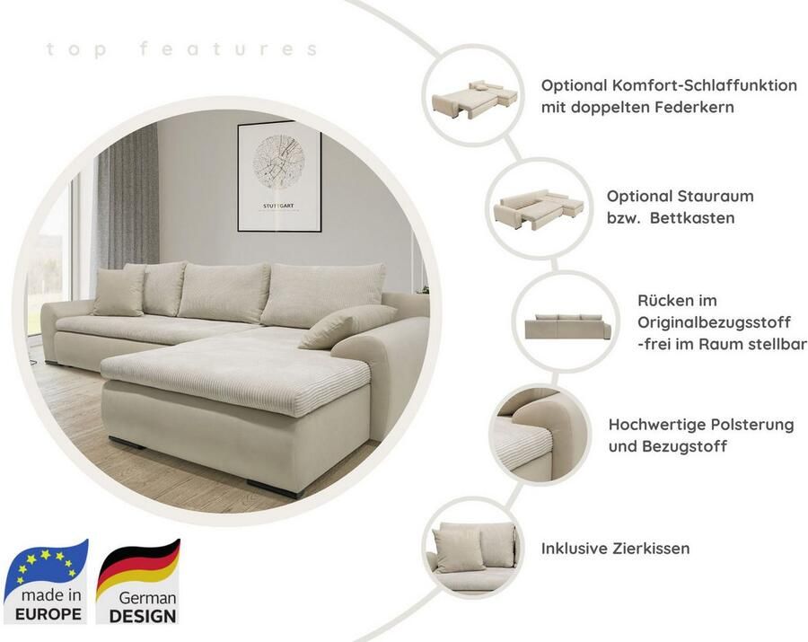 Home affaire Zithoek Win U-vorm naar keuze met slaapfunctie en bedkist