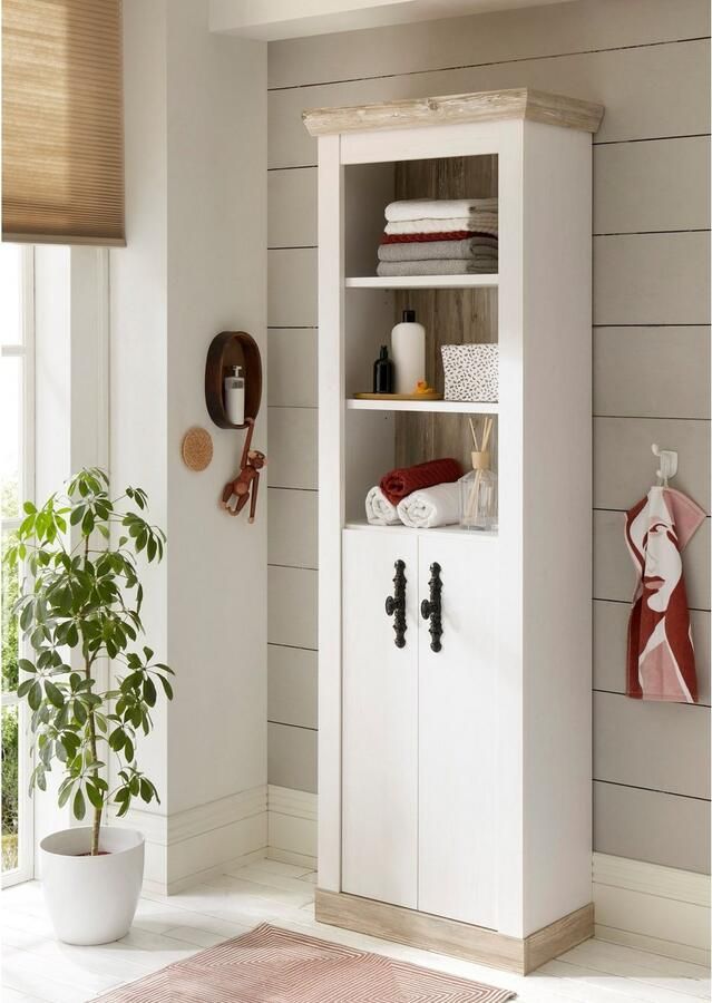 Home affaire Hoge kast Florenz badkamerkast in landhuisstijl kast met metalen handgrepen in pinie weiß open vakken en voldoende opbergruimte achter draaideuren - Foto 2