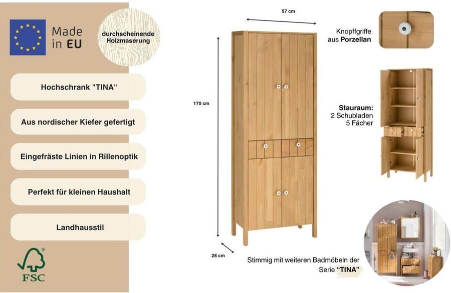 Home affaire Hoge kast TINA Badmeubel kast Breedte 57 cm Massief hout FSC - Foto 4