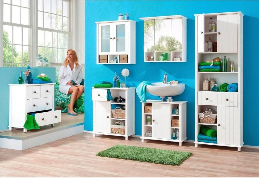 Home affaire Hoge kast Vili Badkamerkast hoogte 175 cm 2 lades 3 deuren van massief hout