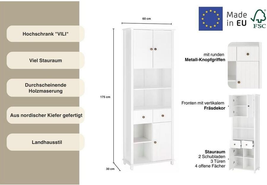 Home affaire Hoge kast Vili Badkamerkast hoogte 175 cm 2 lades 3 deuren van massief hout - Foto 11