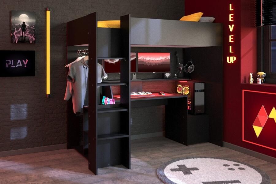 Parisot EMOB Gaming hoogslaper LevelUp 90x200cm met gamingbureau zwart Hoogslapers met bureau Zwart Melamine; Spaanplaat Hoogslapers met bureau Eenpersoons Hoogslaper Op voorraad - Foto 16