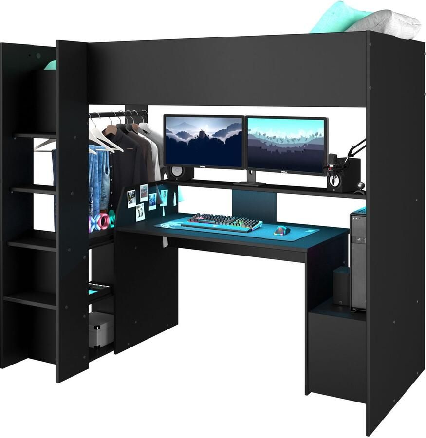 Parisot EMOB Gaming hoogslaper LevelUp 90x200cm met gamingbureau zwart Hoogslapers met bureau Zwart Melamine; Spaanplaat Hoogslapers met bureau Eenpersoons Hoogslaper Op voorraad - Foto 2