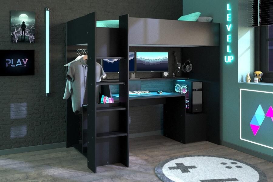 Parisot EMOB Gaming hoogslaper LevelUp 90x200cm met gamingbureau zwart Hoogslapers met bureau Zwart Melamine; Spaanplaat Hoogslapers met bureau Eenpersoons Hoogslaper Op voorraad - Foto 12