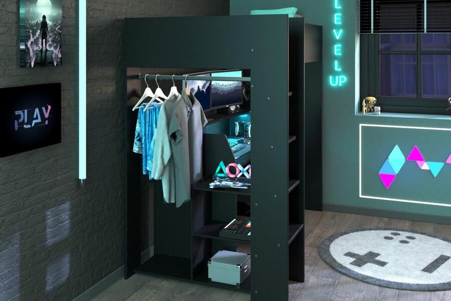 Parisot EMOB Gaming hoogslaper LevelUp 90x200cm met gamingbureau zwart Hoogslapers met bureau Zwart Melamine; Spaanplaat Hoogslapers met bureau Eenpersoons Hoogslaper Op voorraad - Foto 13