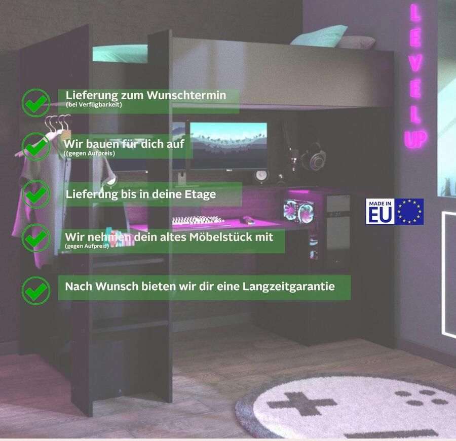 Parisot EMOB Gaming hoogslaper LevelUp 90x200cm met gamingbureau zwart Hoogslapers met bureau Zwart Melamine; Spaanplaat Hoogslapers met bureau Eenpersoons Hoogslaper Op voorraad - Foto 3