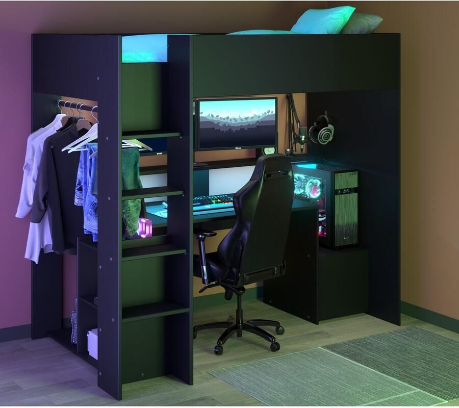 Parisot EMOB Gaming hoogslaper LevelUp 90x200cm met gamingbureau zwart Hoogslapers met bureau Zwart Melamine; Spaanplaat Hoogslapers met bureau Eenpersoons Hoogslaper Op voorraad - Foto 7