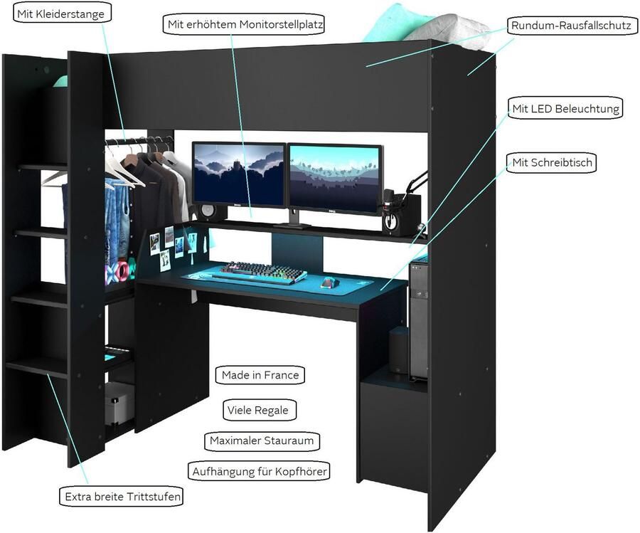 Parisot EMOB Gaming hoogslaper LevelUp 90x200cm met gamingbureau zwart Hoogslapers met bureau Zwart Melamine; Spaanplaat Hoogslapers met bureau Eenpersoons Hoogslaper Op voorraad - Foto 8