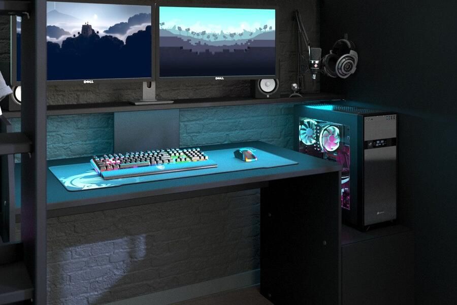 Parisot EMOB Gaming hoogslaper LevelUp 90x200cm met gamingbureau zwart Hoogslapers met bureau Zwart Melamine; Spaanplaat Hoogslapers met bureau Eenpersoons Hoogslaper Op voorraad - Foto 14