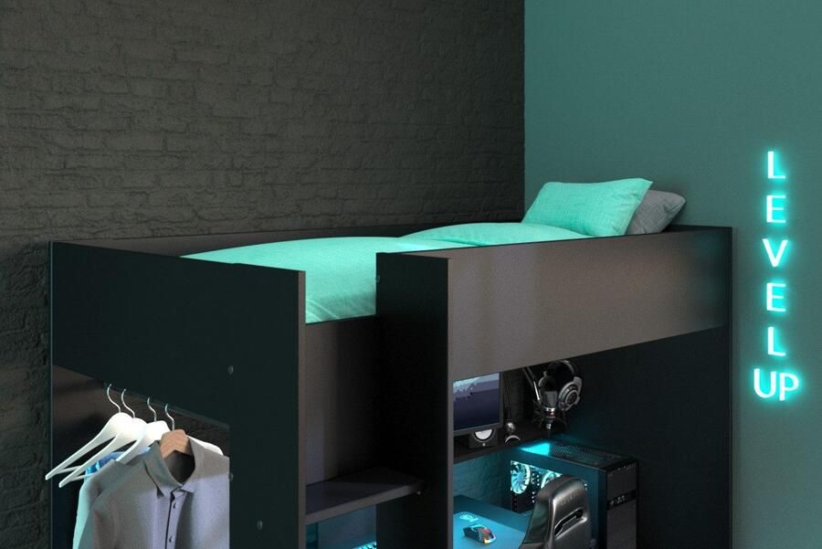 Parisot EMOB Gaming hoogslaper LevelUp 90x200cm met gamingbureau zwart Hoogslapers met bureau Zwart Melamine; Spaanplaat Hoogslapers met bureau Eenpersoons Hoogslaper Op voorraad - Foto 15