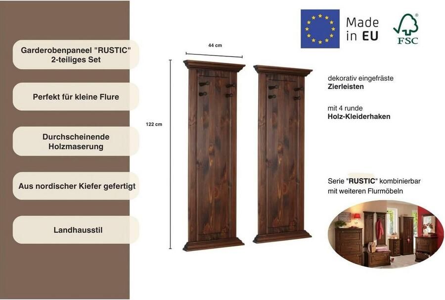 Home affaire Kapstokpaneel Rustiek (2 stuks) gemaakt van massief grenen met decoratief freeswerk - Foto 4