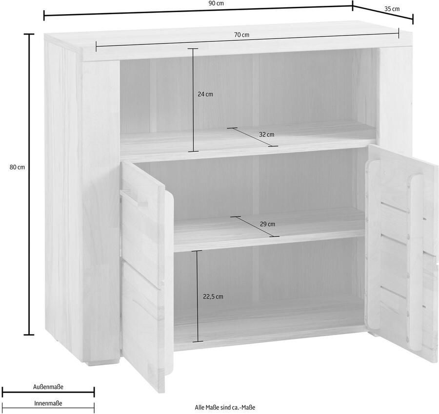 Home affaire Kast Celle 90cm breed 35 cm diep fronten massief hout massief houtmateriaal metalen handgrepen 3 brede vakken