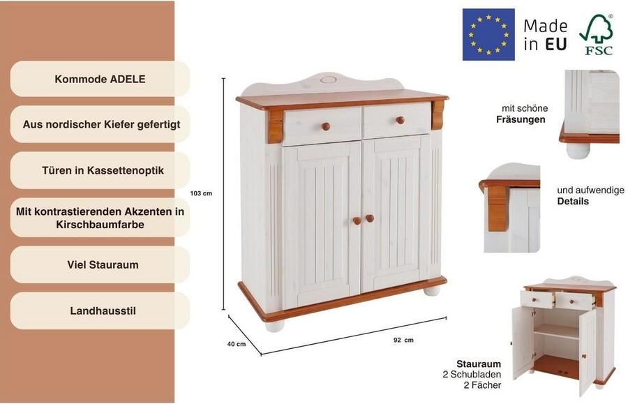 Home affaire Kast met laden en deuren ADELE gemaakt van massief grenen 92 cm breed - Foto 12