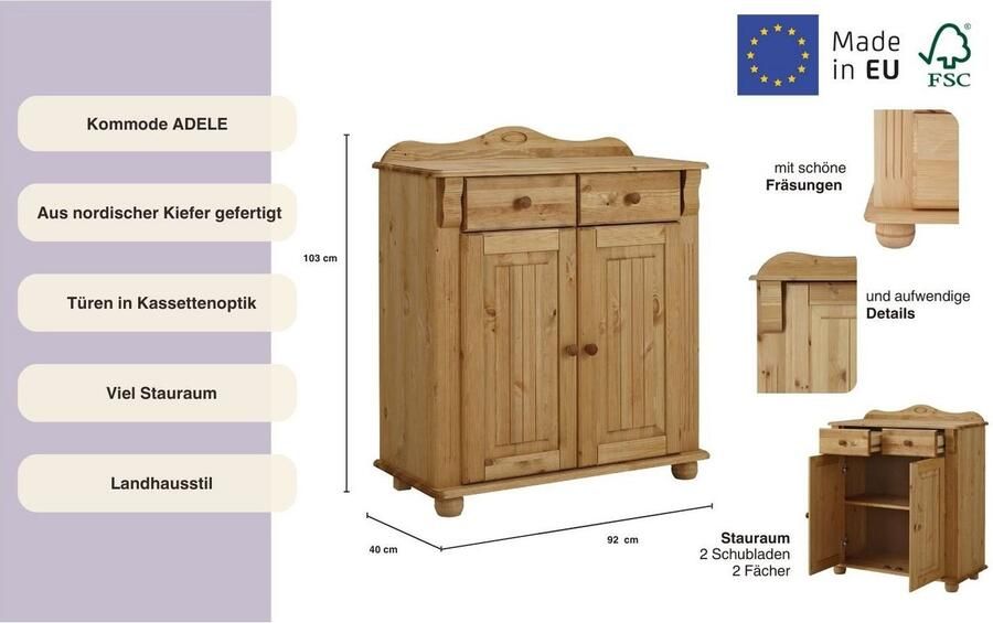 Home affaire Kast met laden en deuren ADELE gemaakt van massief grenen 92 cm breed - Foto 7