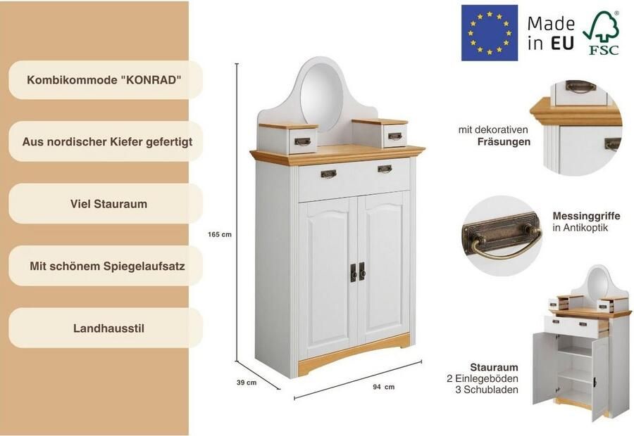 Home affaire Kast met laden en deuren Konrad Breedte 94 cm van massief FSC -gecertificeerd dennenhout - Foto 3