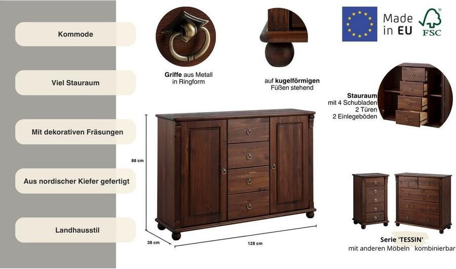 Home affaire Kast met laden en deuren Tessin buffetonderkast klassieke landelijke stijl van massief fsc -gecertificeerd dennenhout 128cm breed - Foto 8