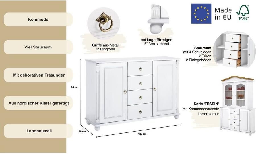 Home affaire Kast met laden en deuren Tessin buffetonderkast klassieke landelijke stijl van massief fsc -gecertificeerd dennenhout 128cm breed - Foto 12