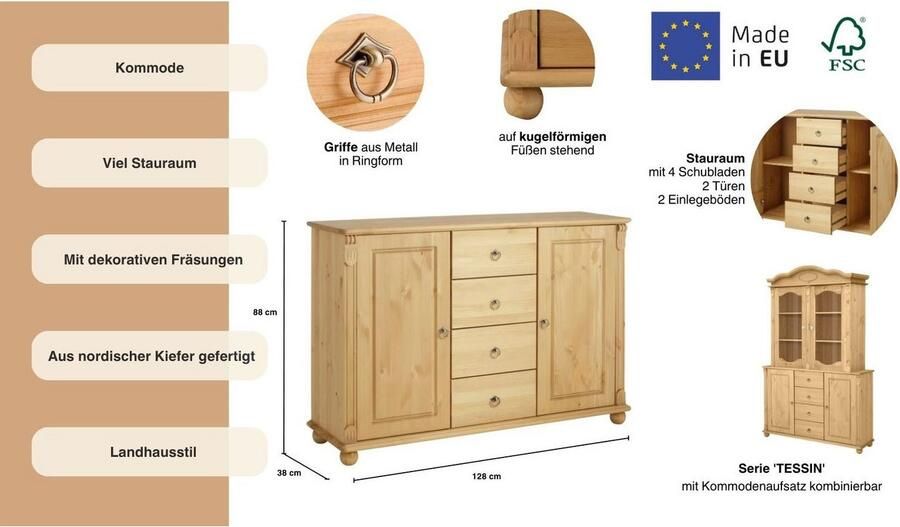 Home affaire Kast met laden en deuren Tessin buffetonderkast klassieke landelijke stijl van massief fsc -gecertificeerd dennenhout 128cm breed - Foto 13