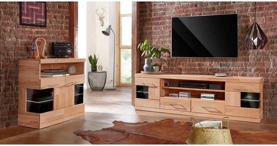 Home affaire Tv-meubel Ribe 180cm breed fronten massief hout 6 vakken kabeldoorvoer Corpus houtmateriaal glazen inzet van gehard glas planken verstelbaar - Foto 8