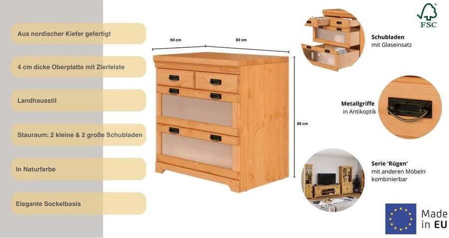 Home affaire Kast Rügen gecertificeerd massief hout met lade en glazen inzet - Foto 6