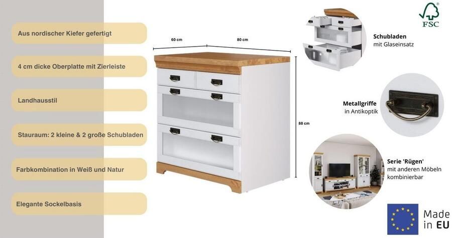 Home affaire Kast Rügen gecertificeerd massief hout met lade en glazen inzet - Foto 11