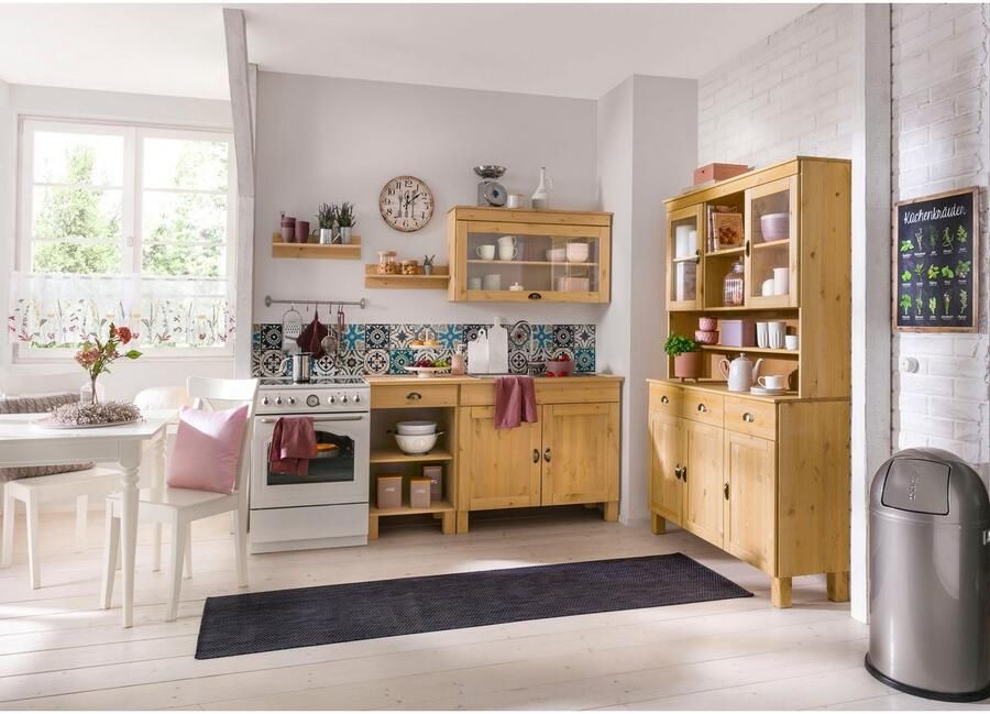 Home affaire Keukenbuffet Oslo 125 cm breed van massief grenen met 2 glasdeuren metalen grepen - Foto 4