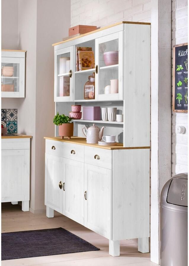 Home affaire Keukenbuffet Oslo 125 cm breed van massief grenen met 2 glasdeuren metalen grepen - Foto 2