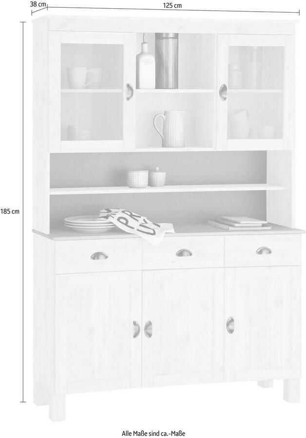 Home affaire Keukenbuffet Oslo 125 cm breed van massief grenen met 2 glasdeuren metalen grepen - Foto 4
