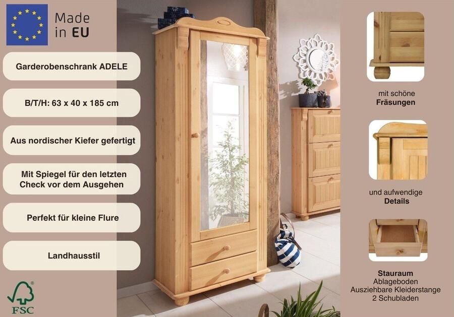 Home affaire Kledingkast ADELE met spiegel breedte 63 cm met 2 lades van massief dennenhout fsc - Foto 2